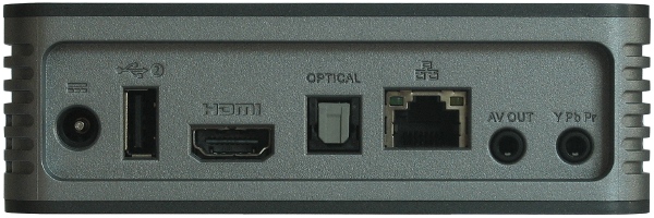 WD TV Live - задняя панель с разъемами подключения: аналоговый стерео выход, цифровой оптический выход Toslink для подключения к AV-ресиверу или домашнему кинотеатру, аналоговый композитный и компонентный видео выходы, цифровой HDMI выход v.1.3 и 2-ом USB2.0 порт